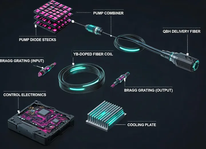 Exploded fiber laser source architecture